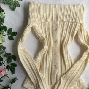 cream knit button up long sleeve off the shoulder sweater top